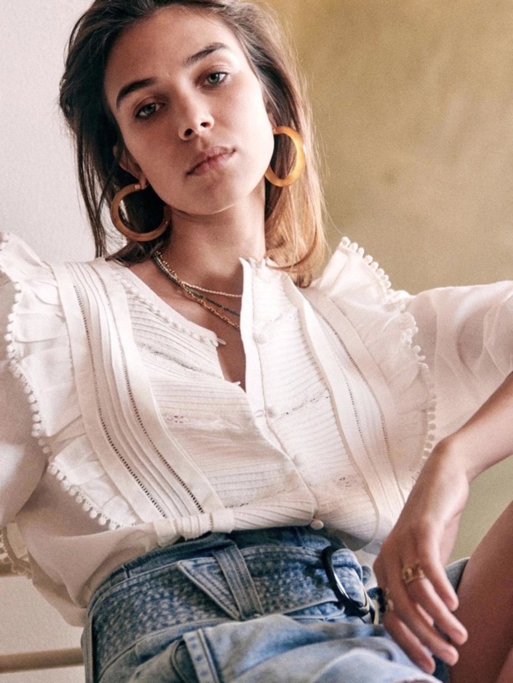 Sezane white ruffle blouse with lace insets